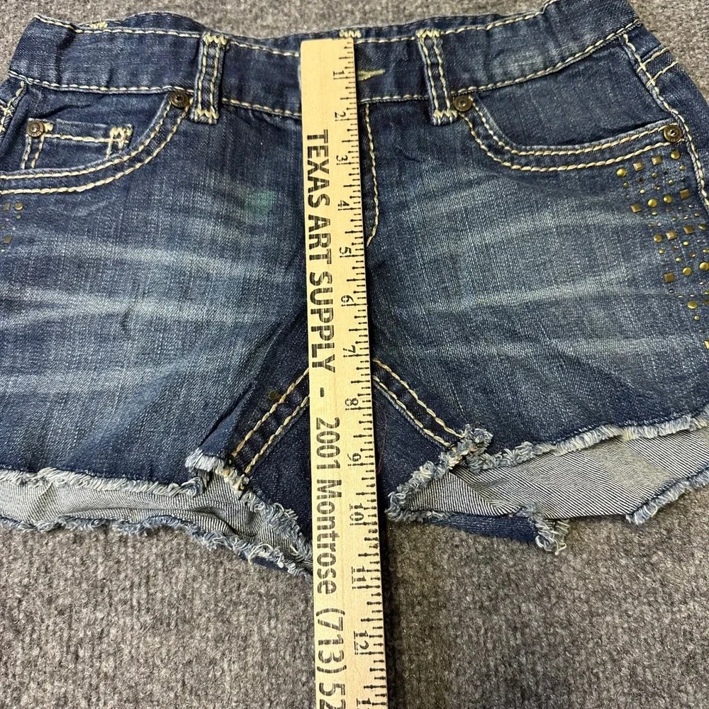 Cache Jean Shorts Womens Size 2 Blue Studded Low Rise Cut Off Denim Raw Hem Flaw